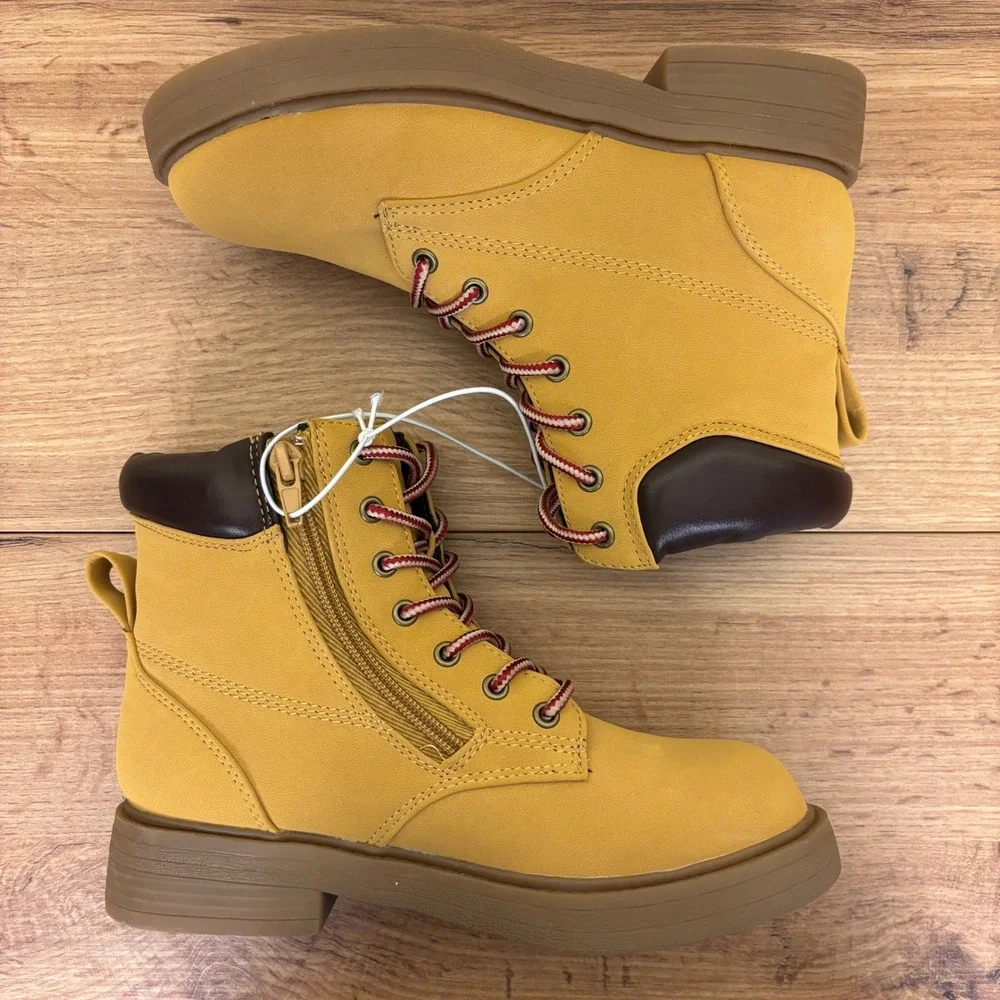 STEVE MADDEN JJumble Combat Boots Tan Kids Size 3 Side Zip Lace Up Low Heel